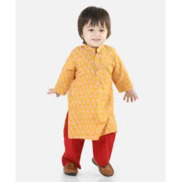 BownBee Pure Cotton Full Sleeve Motif Printed Kurta Pajama For Boys - Yellow-picture-10