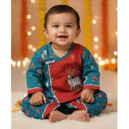 BownBee Pure Cotton Woven Full Sleeves Floral Printed Cow Embroidered Dhoti Kurta Set - Red-picture-17