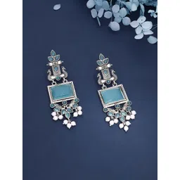 Brado Jewellery Silver-Plated Stones Studded and Pearls Beaded Square Shaped Drop Earrings-picture-11