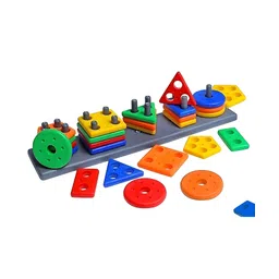 Brain Factory Plastic Block Column Puzzle, BPA-Free Geometric Shape Sorter Toy for Toddlers | Brain Development Toys | Educational & Learning Activity Toys | Preschool Toys, 5 Column Puzzle Stacking Set Multicolor-picture-21