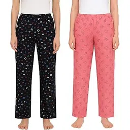 brand flex Women's Pyjama Pants, Lounge Pants,Night Pants Elastic Waist, Black Heart Pattern and Pink Floral Design, 2-Pack-picture-20