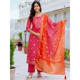 Brand Hill Bandhani Woven Design Round Neck Zari Straight Kurta With Trousers & Dupatta-picture-12