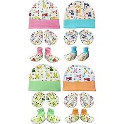 BRANDONN Newborn Baby's Cotton Mitten, Bootie & Cap Set 0-4 Months Baby Boys and Baby Girls, Pack of 4-picture-26