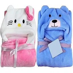 BRANDONN New Born Baby Blanket Cum Baby Bath Towel Cum Baby Bath Robe Combo Pack of 2, Fleece, Pink Kitty, Blue Dog, Multi-picture-19