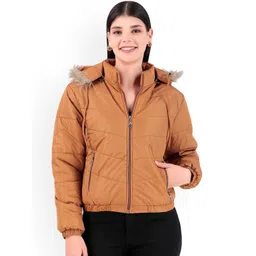 Brazo Women wmn_jack_short_05 Solid Hooded Long Sleeves Parka Jacket-image-3
