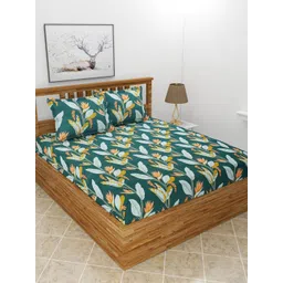 BREVARD Green & Peach-Coloured Floral 210 TC Queen Bedsheet With 2 Pillow Covers-picture-32