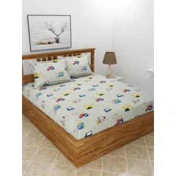 BREVARD Off White & Blue Cartoon Characters 210 TC Queen Bedsheet With 2 Pillow Covers-picture-29