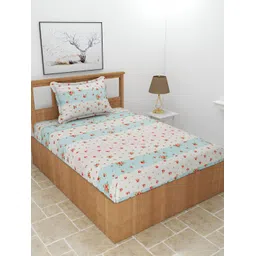 BREVARD Off White & Blue Floral 210 TC Single Bedsheet with 1 Pillow Covers-picture-21
