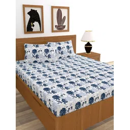 BREVARD Off white & Blue Floral Cotton 210 TC Queen Bedsheet with 2 Pillow Covers-picture-40