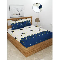 BREVARD Off White & Navy Blue Printed 210 TC Fitted Queen Bedsheet With 2 Pillow Covers-picture-22