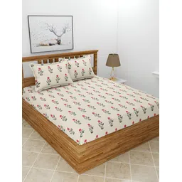 BREVARD Off White & Red Floral 210 TC Queen Bedsheet with 2 Pillow Covers-picture-33