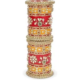bridal garnish "Regal Rajwada Style Chura: Seven Color Splendor with Kundan Handwork, Red Kada, and Bangles-picture-13