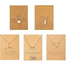 brigand Dainty Inspirational Necklace Set, 5 Pieces Gold Plated Pendant Collection with Pearl, Butterfly, Infinity Designs for Women and Girls, Love and Friendship Theme - Jewellery Set for Women-picture-20