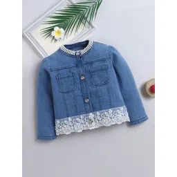 BRIGHT STARS KIDSWEAR Girl Full Sleeves Denim Jacket with Pearl Collar & Lace Detailing-picture-32