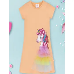 BRIGHT STARS KIDSWEAR Girls Peach Unicorn Print Round Neck Casual Dress-picture-32