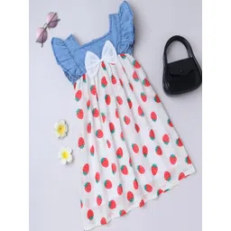 BRIGHT STARS KIDSWEAR Stawberry Printed Denim Flutter Sleeve Dresses With Cotton Lining-picture-29