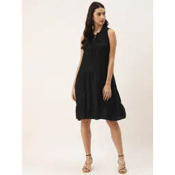 BRINNS Black Solid Tie-Up Neck A-Line Dress-image-17