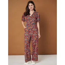 BRINNS Geomteric Printed V-Neck Puffed Sleeves Basic Jumpsuit-picture-16