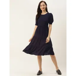BRINNS Navy Blue Solid Puff Sleeves Tiered Flared Dress-picture-27