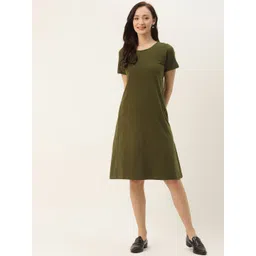BRINNS Olive Green Solid Pure Cotton T-shirt Dress-picture-31