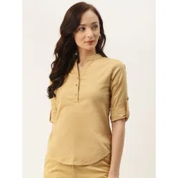 BRINNS Women Beige Solid Mandarin Collared Casual Shirt-picture-14