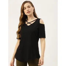 BRINNS Women Black Cotton Solid Cold-Shoulder Sleeves Top-image-6