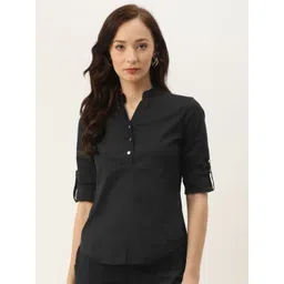 BRINNS Women Black Solid Mandarin Collared Casual Shirt-image-28
