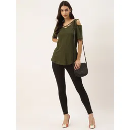 BRINNS Women Olive Green Cotton Solid Cold-Shoulder Sleeves Top image 2