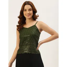 BRINNS Women Olive Green Ethnic Motifs Embroidered Sequinned Top-picture-29