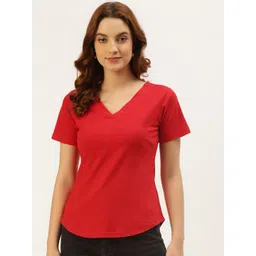 BRINNS Women Red Solid V-Neck Pure Cotton T-shirt-picture-27