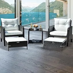 BRISHI Garden Patio Seating Chair and Table Set Outdoor Balcony Garden Coffee Table Set Furniture with 2 Chairs, 2 Footrest and 1 Table Set (Black)-picture-15