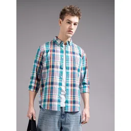 British Club Tartan Checks Spread Collar Cotton Smart Slim Fit Casual Shirt-picture-16