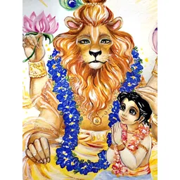 British Terminal Gold-Toned & Blue Lord Narsimha Religious Wall Paintings image 1