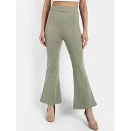 BROADSTAR Women Green Flared High-Rise Trousers-picture-41