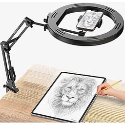 BROLAVIYA No shadow Overhead Video Mobile Stand with Extra long Metal Arm,12inch Large Selfie Ring light,2 way base clamp 1/4" adaptor For Camera, GoPro and Mobile Bracket for Desktop, Bedroom, Office-picture-18