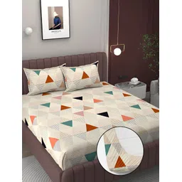 Bromwick Beige & Red Geometric 250 TC Fitted King Double Bedsheet With 2 Pillow Covers-picture-22