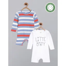 Broon Infant Boys Blue Striped and White Printed Pure Organic Cotton Rompers-picture-37