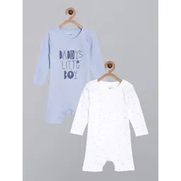 Broon Infant Boys Pack Of 2 Blue and White Printed Pure Organic Cotton Rompers-picture-43