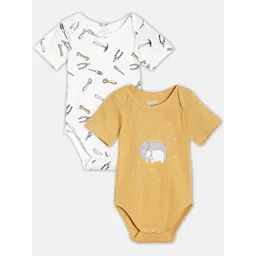 Broon Infant Boys Pack Of 2 White & Mustard Printed Pure Cotton Bodysuit-picture-35
