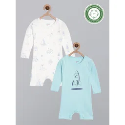 Broon Infant Boys Pack of 2 White and Sea Green Printed Pure Organic Cotton Rompers-picture-38