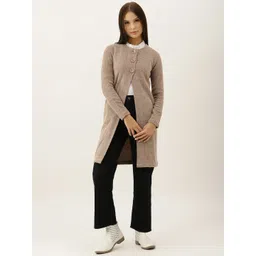 BROOWL Women Beige Woollen Self-Striped Longline Cardigan-picture-11