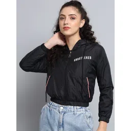 BROOWL Women Black Windcheater Crop Sporty Jacket-picture-16