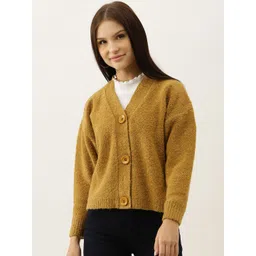 BROOWL Women Mustard Yellow Woollen Speckled Cardigan-picture-29