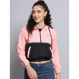 BROOWL Women Peach-Coloured Black Colourblocked Windcheater Crop Rapid-Dry Jacket-picture-20
