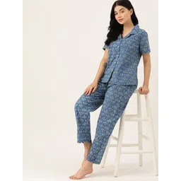 brownera Women Night Suit Set Blue Printed-picture-14
