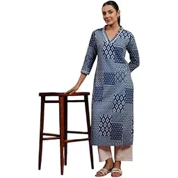 brownera Women Rayon Printed Straight Kurta in Blue-picture-24