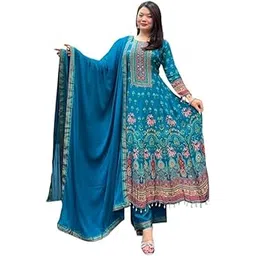 brownie fashion Women's Rajasthani Pure Chinon Anarkali Kurti and Pent with Dupatta Suit Set-picture-29