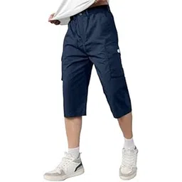 brucewane Men's Cotton Three by Fourth, 3/4, Capri, Three Quarter Pant Plus Size (Navy Blue)-picture-31