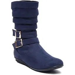 bruno manetti Women's Slipon Side Zipper PU Belt with Buckle Round Toes Calf Length Comfort Boots-picture-48