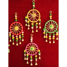 BS AMOR Red & Green 4 Pieces Chakri Shaped Wall Hangings with Bells-picture-21